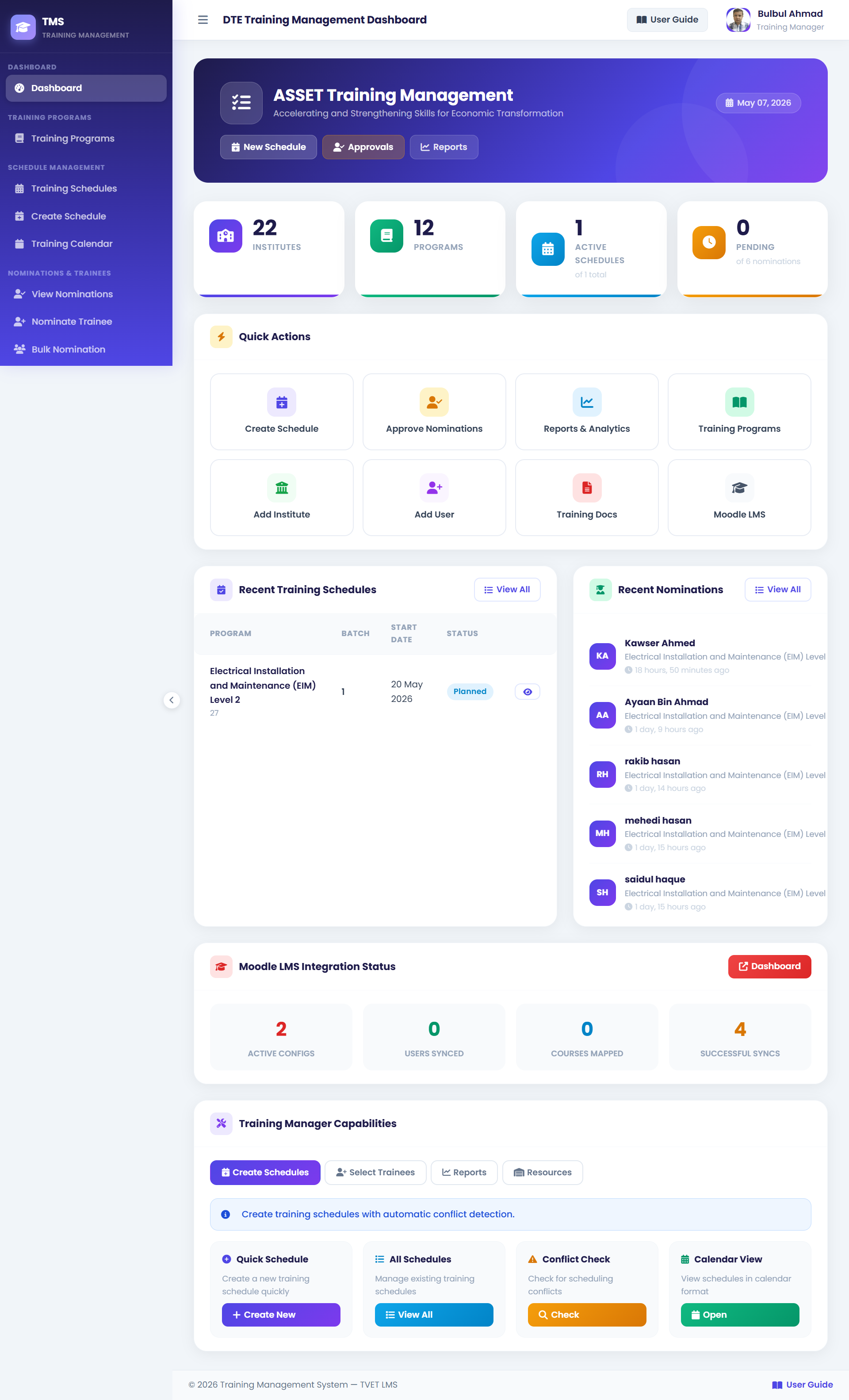 Training Manager Dashboard Screenshot