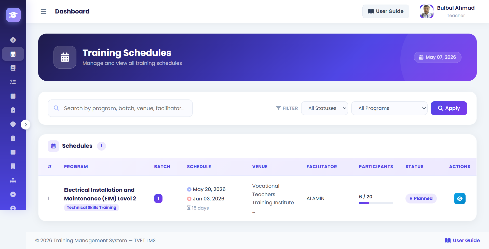 My Training Schedule Screen Screenshot