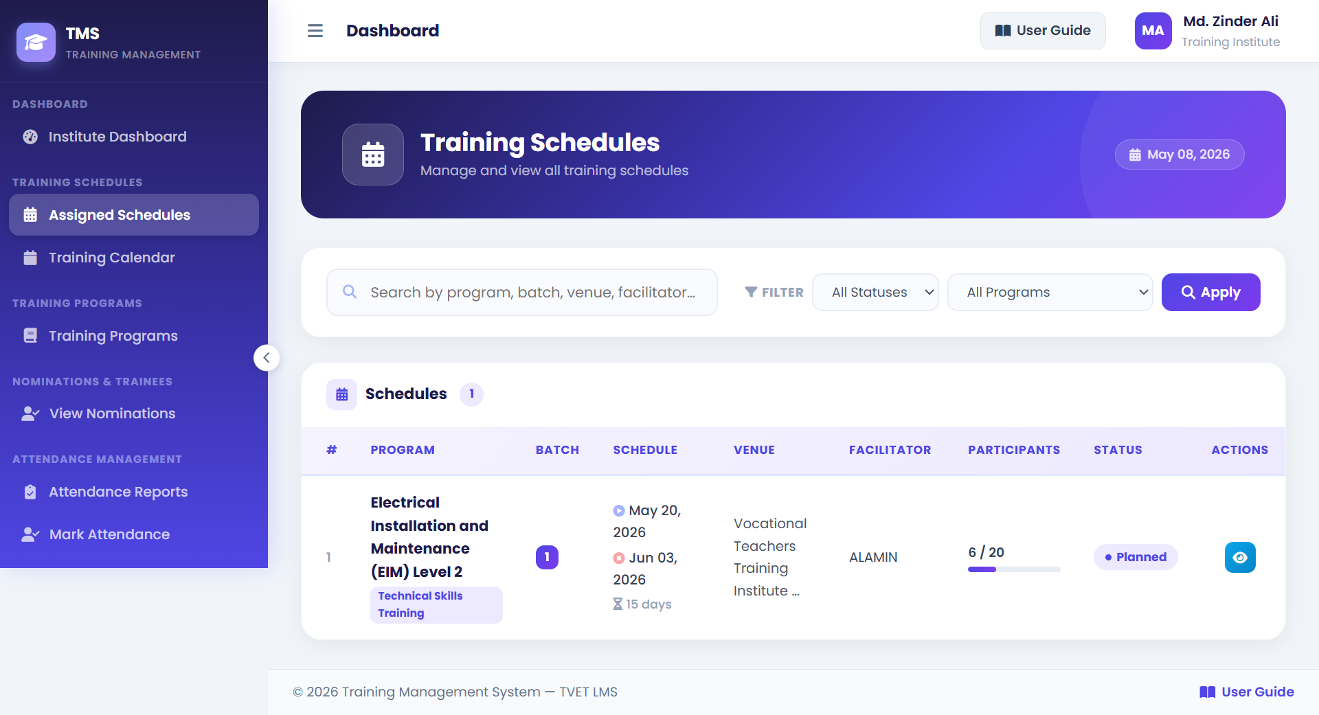 Assigned Schedules Screen